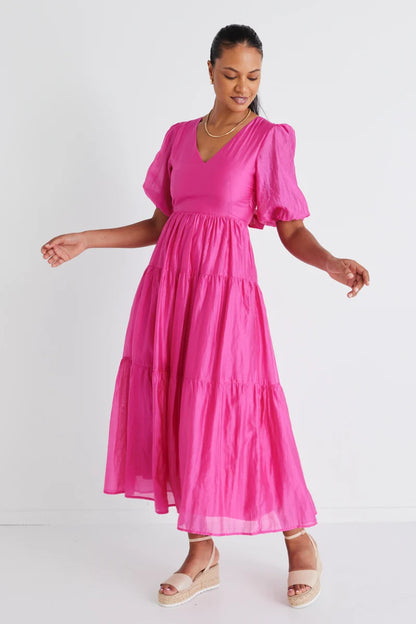 By Rosa Musical Hot Pink Tie Back Puff Sleeve Maxi Dress