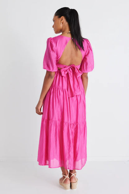 By Rosa Musical Hot Pink Tie Back Puff Sleeve Maxi Dress