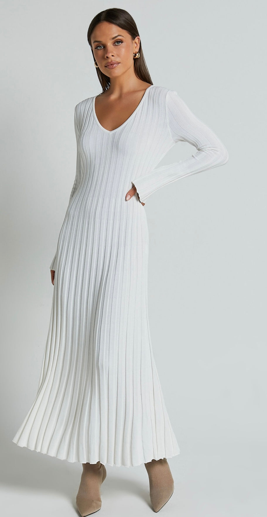 Showpo Astra Midi Dress - V Neck Long Sleeve Knit Dress