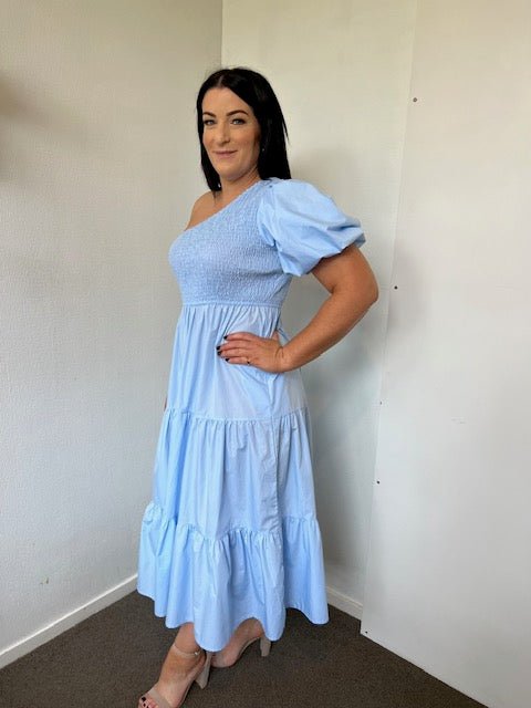 Powder Blue One Shoulder Tiered Midi Dress - Rent a Dress with LS