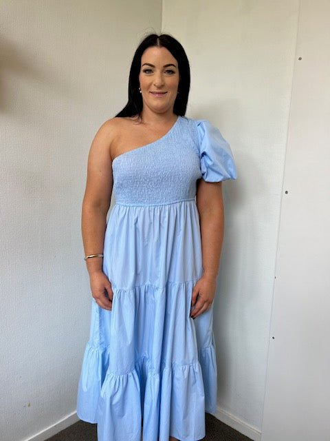 Powder Blue One Shoulder Tiered Midi Dress - Rent a Dress with LS