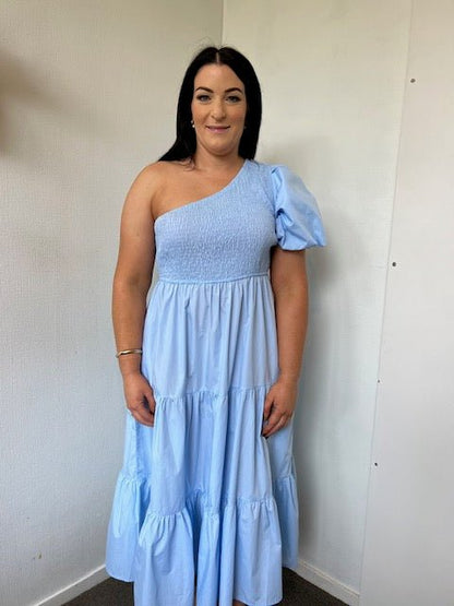 Powder Blue One Shoulder Tiered Midi Dress - Rent a Dress with LS